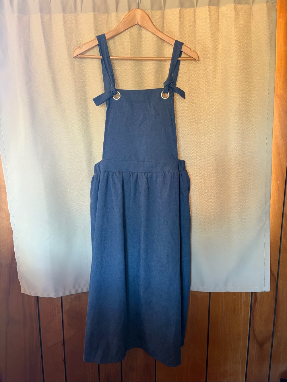 Emery Rose Midi Pinafore Dress with Tie Straps in Navy Blue